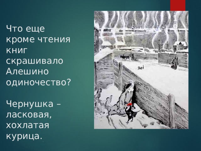 .  Что еще кроме чтения книг скрашивало Алешино одиночество?   Чернушка – ласковая, хохлатая курица. 