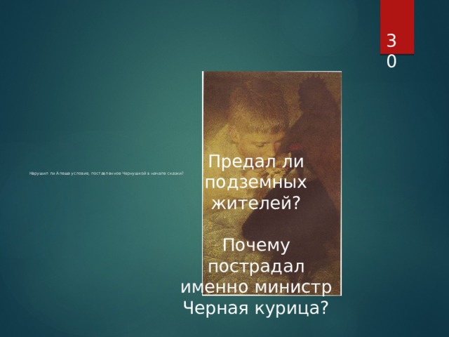                           Нарушил ли Алеша условие, поставленное Чернушкой в начале сказки?       Предал ли подземных жителей?   Почему пострадал именно министр Черная курица? 