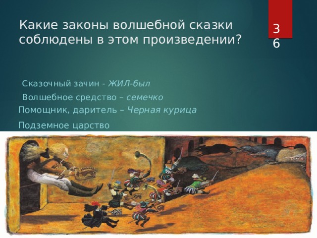  Какие законы волшебной сказки соблюдены в этом произведении? Сказочный зачин - ЖИЛ-был   Волшебное средство – семечко Помощник, даритель – Черная курица Подземное царство 