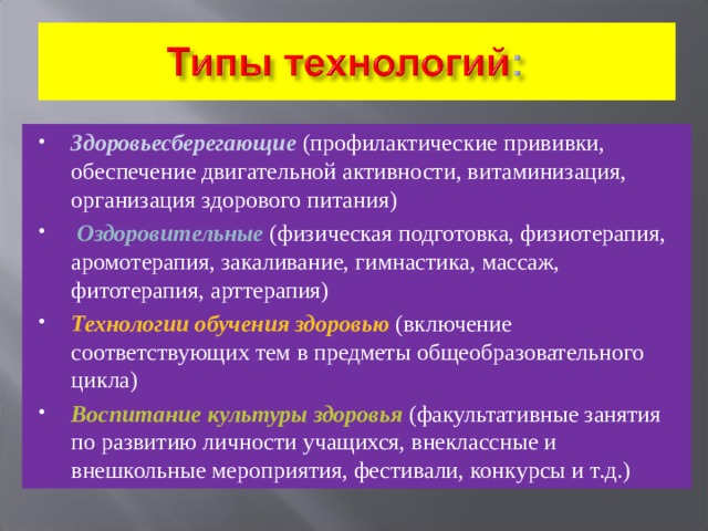 Здоровьесберегающие  (профилактические прививки, обеспечение двигательной активности, витаминизация, организация здорового питания)   Оздоровительные  (физическая подготовка, физиотерапия, аромотерапия, закаливание, гимнастика, массаж, фитотерапия, арттерапия) Технологии обучения здоровью  (включение соответствующих тем в предметы общеобразовательного цикла) Воспитание культуры здоровья  (факультативные занятия по развитию личности учащихся, внеклассные и внешкольные мероприятия, фестивали, конкурсы и т.д.)  
