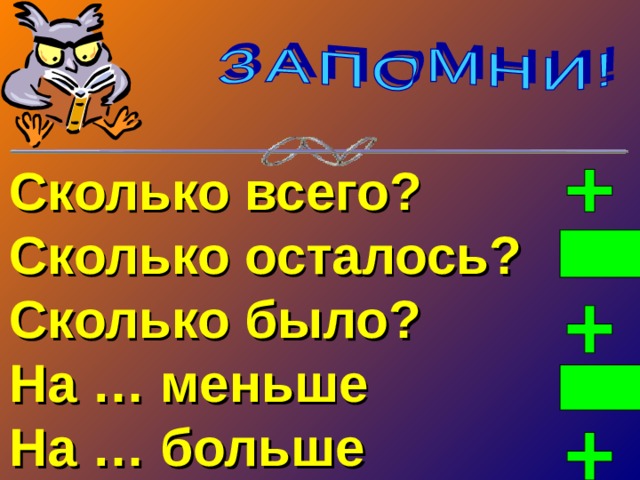 Сколько всего? Сколько осталось? Сколько было? На … меньше На … больше 