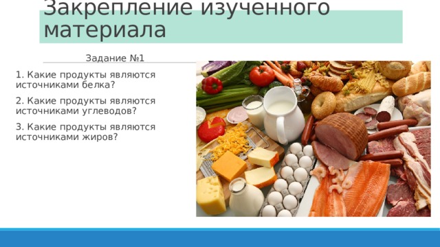 Закрепление изученного материала  Задание №1 1. Какие продукты являются источниками белка? 2. Какие продукты являются источниками углеводов? 3. Какие продукты являются источниками жиров? 