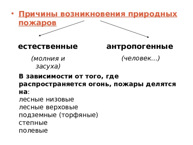Причины возникновения природных пожаров естественные антропогенные  (человек…) (молния и засуха) В зависимости от того, где распространяется огонь, пожары делятся на : лесные низовые лесные верховые подземные (торфяные) степные полевые   
