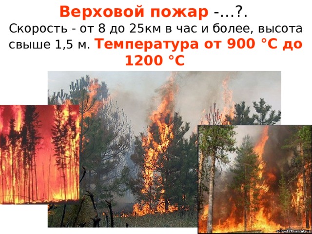 Верховой пожар -…?.  Скорость - от 8 до 25км в час и более, высота свыше 1,5 м. Температура от 900 °C до 1200 °C  