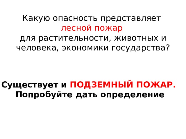 Какую опасность представляет  лесной пожар   для растительности, животных и человека, экономики государства?   Существует и ПОДЗЕМНЫЙ ПОЖАР. Попробуйте дать определение 