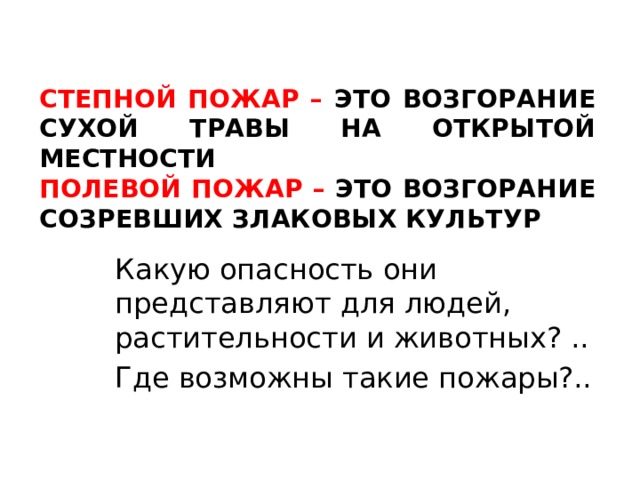 Степной пожар – это возгорание сухой травы на открытой местности  Полевой пожар – это возгорание созревших злаковых культур Какую опасность они представляют для людей, растительности и животных? .. Где возможны такие пожары?.. 