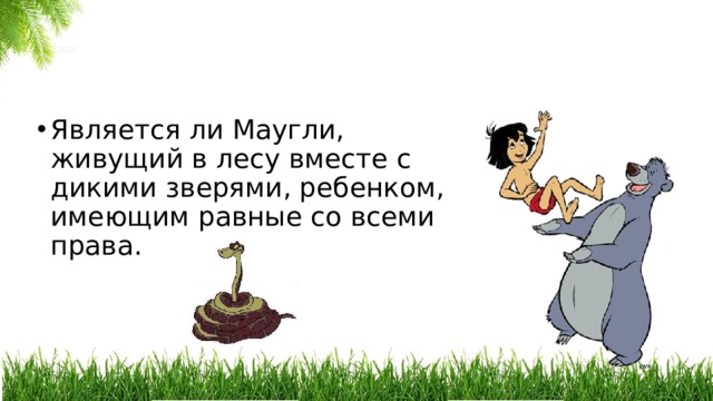Является ли Маугли, живущий в лесу вместе с дикими зверями, ребенком, имеющим равные со всеми права.  