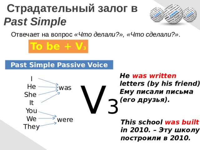  Страдательный залог в  Past Simple Отвечает на вопрос «Что делали?», «Что сделали?» . To be + V 3 Past Simple Passive Voice He was  written letters (by his friend). Ему писали письма (его друзья). I He She It You We They V 3 was were This school was  built in 2010. – Эту школу построили в 2010. 