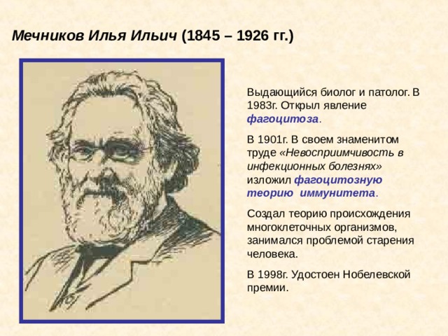 Мечников Илья Ильич (1845 – 1926 гг.) Выдающийся биолог и патолог. В 1983г. Открыл явление фагоцитоза . В 1901г. В своем знаменитом труде «Невосприимчивость в инфекционных болезнях» изложил фагоцитозную теорию иммунитета . Создал теорию происхождения многоклеточных организмов, занимался проблемой старения человека. В 1998г. Удостоен Нобелевской премии.  