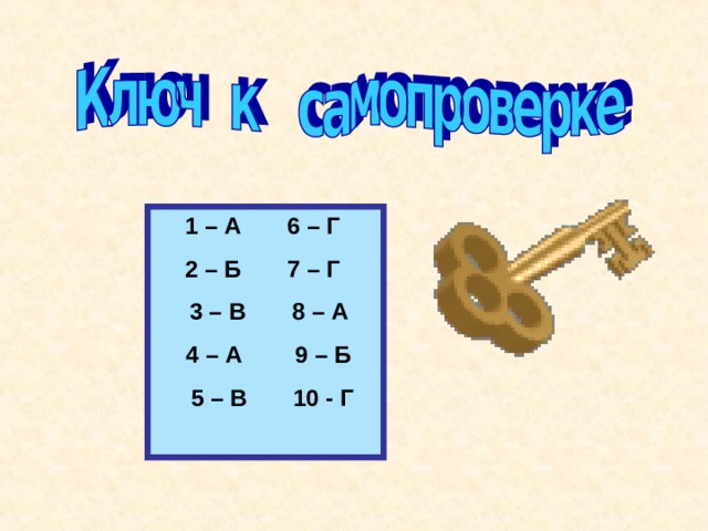 1 – А 6 – Г 2 – Б 7 – Г  3 – В 8 – А  4 – А 9 – Б  5 – В 10 - Г   