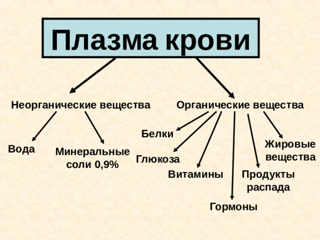 Плазма  крови Органические вещества Неорганические вещества Белки Жировые вещества Вода Минеральные соли 0,9% Глюкоза Витамины Продукты распада Гормоны  