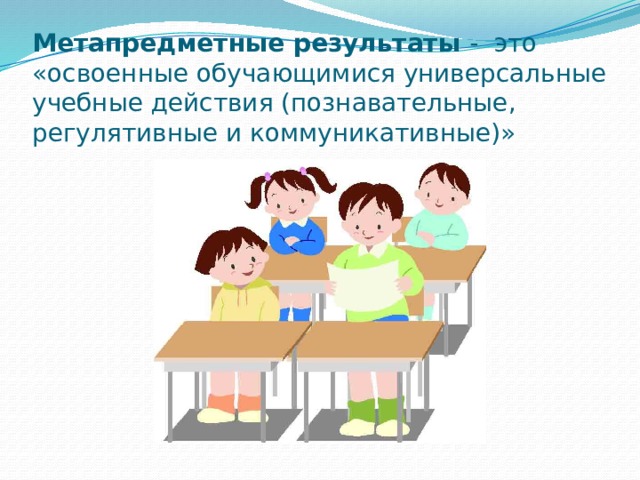 Метапредметные результаты - это «освоенные обучающимися универсальные учебные действия (познавательные, регулятивные и коммуникативные)»   