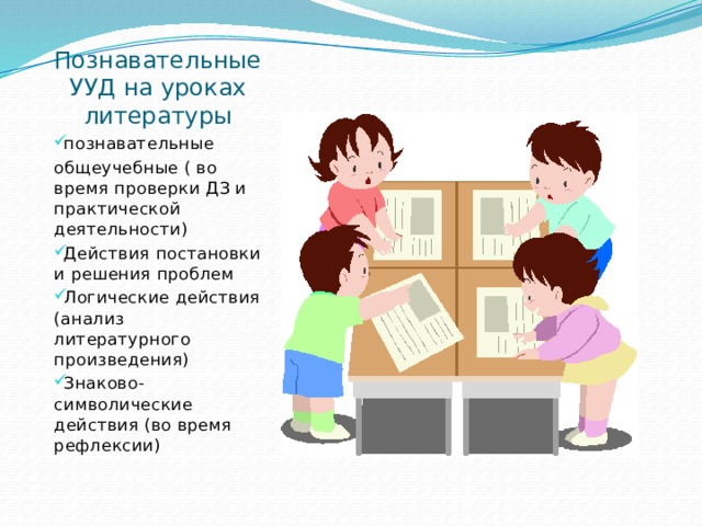 Познавательные УУД на уроках литературы познавательные общеучебные ( во время проверки ДЗ и практической деятельности) Действия постановки и решения проблем Логические действия (анализ литературного произведения) Знаково-символические действия (во время рефлексии) 