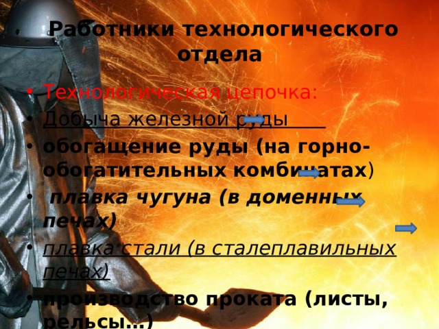 Работники технологического отдела Технологическая цепочка: Добыча железной руды обогащение руды (на горно-обогатительных комбинатах )  плавка чугуна (в доменных печах)  плавка стали (в сталеплавильных печах)  производство проката (листы, рельсы…) 