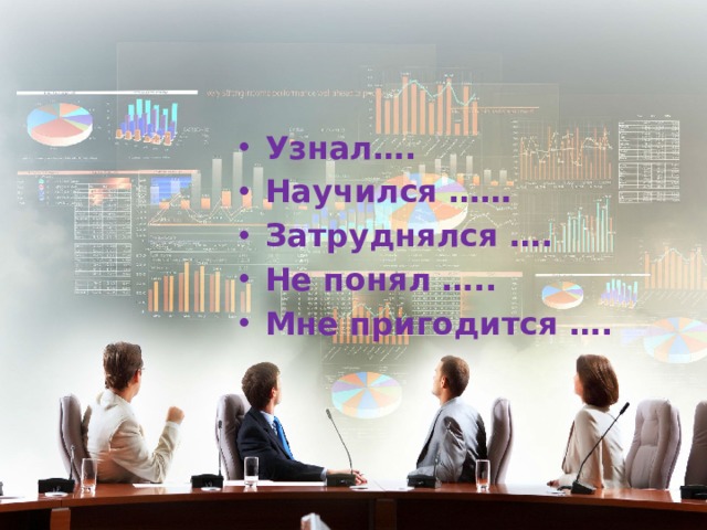 Узнал…. Научился …… Затруднялся …. Не понял ….. Мне пригодится …. 