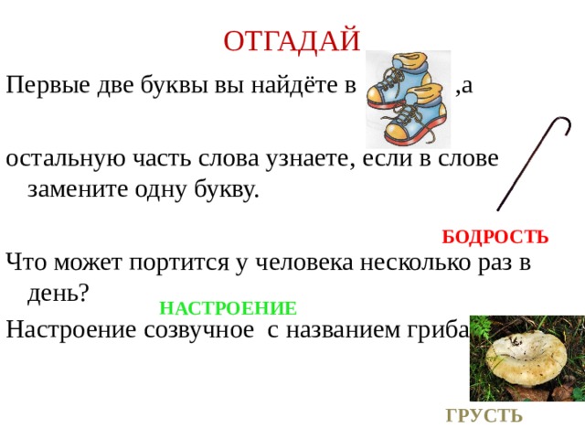 ОТГАДАЙ Первые две буквы вы найдёте в ,а остальную часть слова узнаете, если в слове замените одну букву. Что может портится у человека несколько раз в день? Настроение созвучное с названием гриба. БОДРОСТЬ НАСТРОЕНИЕ ГРУСТЬ  