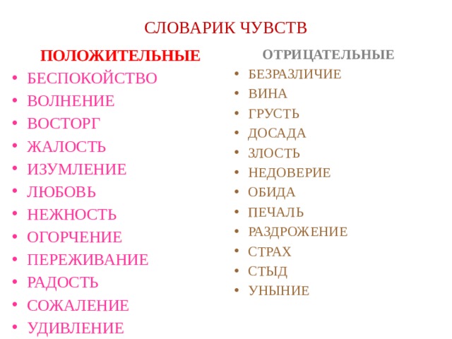 СЛОВАРИК ЧУВСТВ  ПОЛОЖИТЕЛЬНЫЕ  ОТРИЦАТЕЛЬНЫЕ БЕСПОКОЙСТВО ВОЛНЕНИЕ ВОСТОРГ ЖАЛОСТЬ ИЗУМЛЕНИЕ ЛЮБОВЬ НЕЖНОСТЬ ОГОРЧЕНИЕ ПЕРЕЖИВАНИЕ РАДОСТЬ СОЖАЛЕНИЕ УДИВЛЕНИЕ БЕЗРАЗЛИЧИЕ ВИНА ГРУСТЬ ДОСАДА ЗЛОСТЬ НЕДОВЕРИЕ ОБИДА ПЕЧАЛЬ РАЗДРОЖЕНИЕ СТРАХ СТЫД УНЫНИЕ 