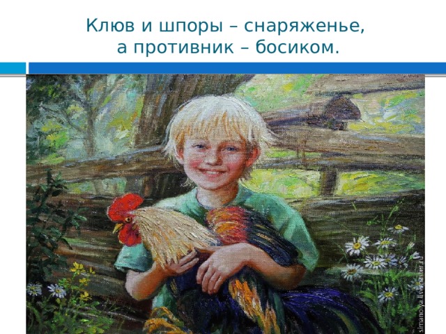 Клюв и шпоры – снаряженье,  а противник – босиком. 