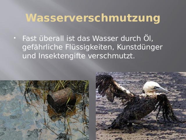 Wasserverschmutzung Fast überall ist das Wasser durch Öl, gefährliche Flüssigkeiten, Kunstdünger und Insektengifte verschmutzt. 