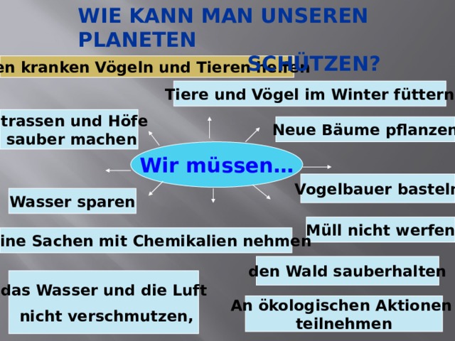 WIE KANN MAN UNSEREN PLANETEN  SCHÜTZEN? den kranken Vögeln und Tieren helfen Tiere und Vögel im Winter füttern Strassen und Höfe  sauber machen Neue Bäume pflanzen Wir müssen… Vogelbauer basteln Wasser sparen Müll nicht werfen keine Sachen mit Chemikalien nehmen den Wald sauberhalten das Wasser und die Luft  nicht verschmutzen, An ökologischen Aktionen teilnehmen 