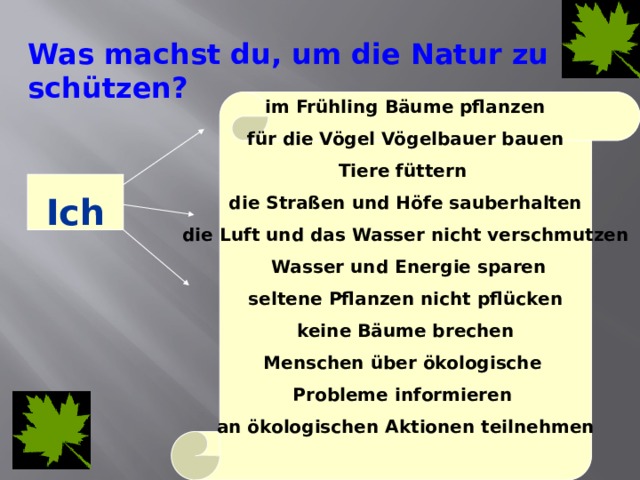 Was machst du, um die Natur zu sch ützen?  im Frühling Bäume pflanzen  für die Vögel Vögelbauer bauen Tiere füttern die Straßen und Höfe sauberhalten die Luft und das Wasser nicht verschmutzen  Wasser und Energie sparen seltene Pflanzen nicht pflücken keine Bäume brechen Menschen über ökologische Probleme informieren an ökologischen Aktionen teilnehmen   Ich 