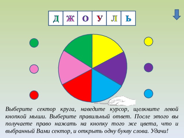 Ж По гиперссылке (стрелке)после завершения работы или в любой момент переходим к слайду №18 Выберите сектор круга, наведите курсор, щелкните левой кнопкой мыши. Выберите правильный ответ. После этого вы получаете право нажать на кнопку того же цвета, что и выбранный Вами сектор, и открыть одну букву слова. Удачи!  