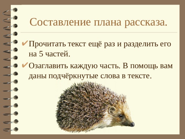 Составление плана рассказа. Прочитать текст ещё раз и разделить его на 5 частей. Озаглавить каждую часть. В помощь вам даны подчёркнутые слова в тексте. 