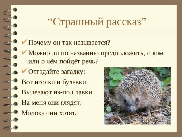 “ Страшный рассказ ” Почему он так называется? Можно ли по названию предположить, о ком или о чём пойдёт речь? Отгадайте загадку: Вот иголки и булавки Вылезают из-под лавки. На меня они глядят, Молока они хотят. 