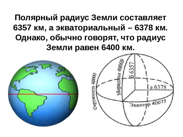 Полярный радиус Земли составляет 6357 км, а экваториальный – 6378 км. Однако, обычно говорят, что радиус Земли равен 6400 км.  