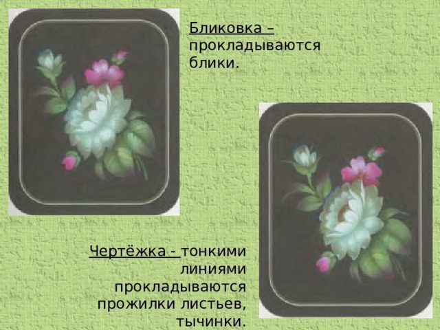 Бликовка – прокладываются блики. Чертёжка - тонкими линиями прокладываются прожилки листьев, тычинки.