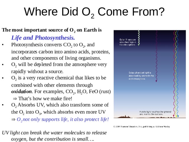 Where Did O 2 Come From? The most important source of O 2 on Earth is Life and Photosynthesis. Photosynthesis converts CO 2 to O 2 , and incorporates carbon into amino acids, proteins, and other components of living organisms. O 2 will be depleted from the atmosphere very rapidly without a source. O 2 is a very reactive chemical that likes to be combined with other elements through oxidation . For examples, CO 2 , H 2 O, FeO (rust)   That’s how we make fire! O 2 Absorbs UV, which also transform some of the O 2 into O 3 , which absorbs even more UV    O 2 not only supports life, it also protect life!  UV light can break the water molecules to release oxygen, but the contribution is small…. 