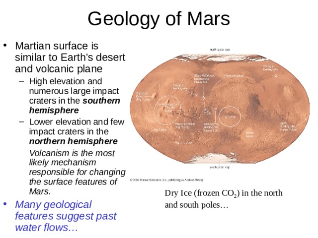 Martian surface is similar to Earth’s desert and volcanic plane High elevation and numerous large impact craters in the southern hemisphere Lower elevation and few impact craters in the northern hemisphere High elevation and numerous large impact craters in the southern hemisphere Lower elevation and few impact craters in the northern hemisphere  Volcanism is the most likely mechanism responsible for changing the surface features of Mars.  Volcanism is the most likely mechanism responsible for changing the surface features of Mars. Many geological features suggest past water flows… Dry Ice (frozen CO 2 ) in the north and south poles… 