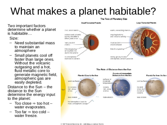  Two important factors determine whether a planet is habitable… Size: Size: Need substantial mass to maintain an atmosphere Small planets cool off faster than large ones. Without the volcanic outgasing and a hot, fluid metallic core to generate magnetic field, atmospheric gas are easily depleted. Need substantial mass to maintain an atmosphere Small planets cool off faster than large ones. Without the volcanic outgasing and a hot, fluid metallic core to generate magnetic field, atmospheric gas are easily depleted.  Distance to the Sun – the distance to the Sun determine the energy input to the planet: Too close  too hot – water evaporates. Too far  too cold – water freeze. Too close  too hot – water evaporates. Too far  too cold – water freeze. 