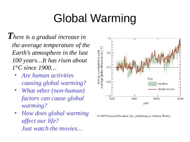  T here is a gradual increase in the average temperature of the Earth’s atmosphere in the last 100 years…It has risen about 1 °C since 1900… Are human activities causing global warming? What other (non-human) factors can cause global warming? How does global warming affect our life? Are human activities causing global warming? What other (non-human) factors can cause global warming? How does global warming affect our life?  Just watch the movies…  Just watch the movies… 