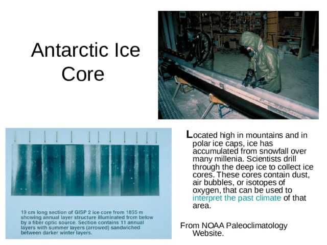  L ocated high in mountains and in polar ice caps, ice has accumulated from snowfall over many millenia. Scientists drill through the deep ice to collect ice cores. These cores contain dust, air bubbles, or isotopes of oxygen, that can be used to interpret the past climate of that area. From NOAA Paleoclimatology Website. 