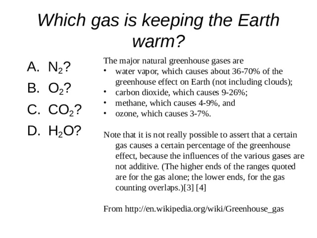Which gas is keeping the Earth warm? The major natural greenhouse gases are water vapor, which causes about 36-70% of the greenhouse effect on Earth (not including clouds); carbon dioxide, which causes 9-26%; methane, which causes 4-9%, and ozone, which causes 3-7%.  Note that it is not really possible to assert that a certain gas causes a certain percentage of the greenhouse effect, because the influences of the various gases are not additive. (The higher ends of the ranges quoted are for the gas alone; the lower ends, for the gas counting overlaps.)[3] [4] From http://en.wikipedia.org/wiki/Greenhouse_gas 2 2 2 2 