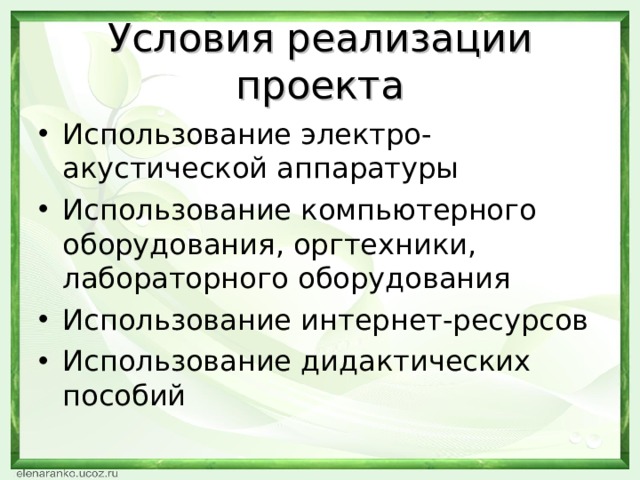Условия реализации проекта Использование электро-акустической аппаратуры Использование компьютерного оборудования, оргтехники, лабораторного оборудования Использование интернет-ресурсов Использование дидактических пособий 