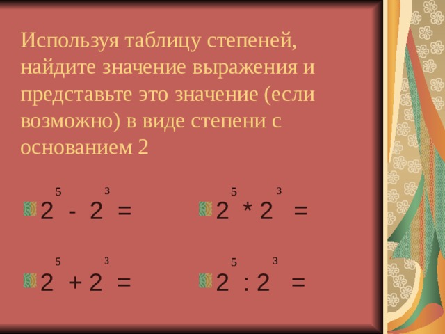 Используя таблицу степеней, найдите значение выражения и представьте это значение (если возможно) в виде степени c основанием 2 2 - 2 =  2 + 2 = 2 * 2 =  2 : 2 = 