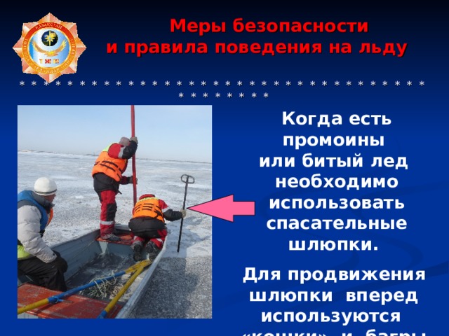  Меры безопасности  и правила поведения на льду     * * * * * * * * * * * * * * * * * * * * * * * * * * * * * * * * * * * * * * * * * * Когда есть промоины или битый лед необходимо использовать спасательные шлюпки.  Для продвижения шлюпки вперед используются «кошки» и багры. 