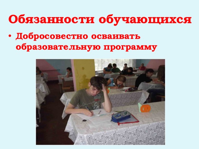Обязанности обучающихся Добросовестно осваивать образовательную программу 