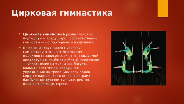 Цирковая гимнастика Цирковая гимнастика разделяется на партерную и воздушную , соответственно гимнасты — на партерных и воздушных. Каждый из двух видов цирковой гимнастики включает множество подвидов (в зависимости от используемой аппаратуры и приёмов работы): партерная— упражнения на турниках, батуте, кольцах всех типов; воздушная— упражнения на трапециях всех родов, корд де пареле, корд де волане, рамке, бамбуке, воздушном турнике, ремнях, полотнах, кольце, сфере. 