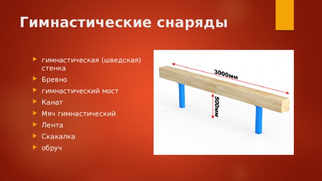 Гимнастические снаряды гимнастическая (шведская) стенка Бревно гимнастический мост Канат Мяч гимнастический Лента Скакалка обруч 
