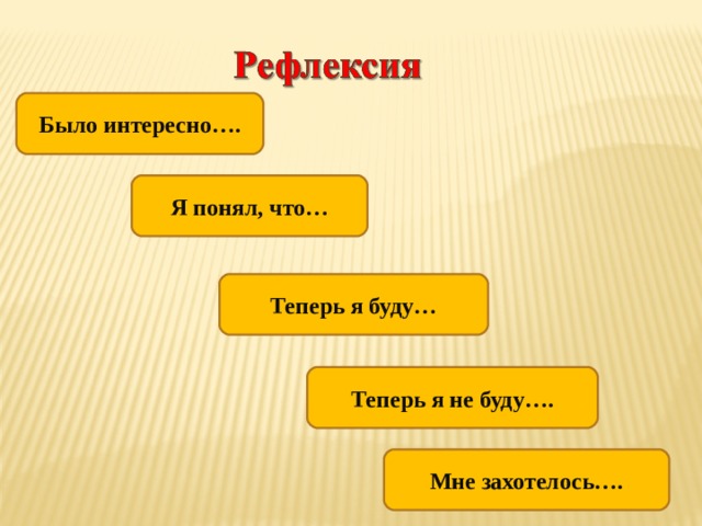 Было интересно…. Я понял, что… Теперь я буду… Теперь я не буду…. Мне захотелось…. 