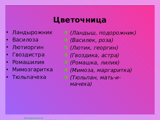  Цветочница Ландырожник Василоза Лютиоргин Гвоздистра Ромашилия Мимозгаритка Тюльпачеха (Ландыш, подорожник) (Василек, роза) (Лютик, георгин) (Гвоздика, астра) (Ромашка, лилия) (Мимоза, маргаритка) (Тюльпан, мать-и-мачеха) 