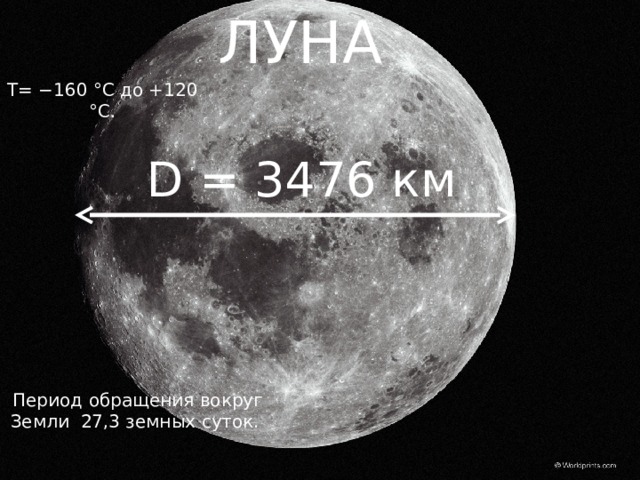ЛУНА Т= −160 °C до +120 °C. D = 3476 км  Период обращения вокруг Земли 27,3 земных суток. 