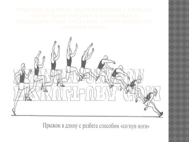 Прыжок в длину, выполняемый с сильно согнутыми ногами в коленных и тазобедренных суставах, носит название «согнув ноги» . 