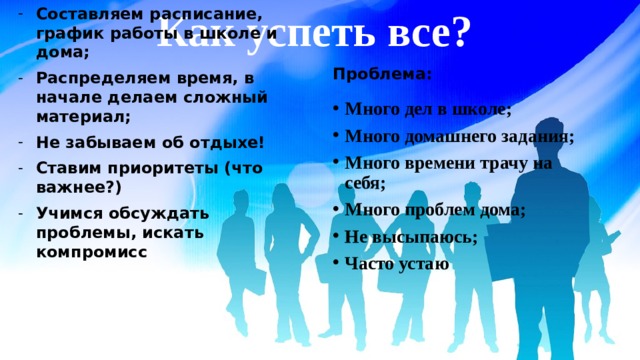 Как успеть все? Проблема: Пути решения: Составляем расписание, график работы в школе и дома; Распределяем время, в начале делаем сложный материал; Не забываем об отдыхе! Ставим приоритеты (что важнее?) Учимся обсуждать проблемы, искать компромисс   Много дел в школе; Много домашнего задания; Много времени трачу на себя; Много проблем дома; Не высыпаюсь; Часто устаю 