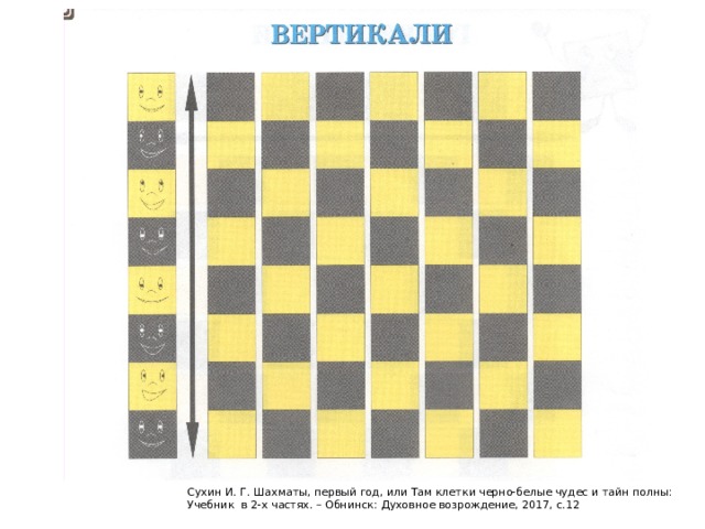 Сухин И. Г. Шахматы, первый год, или Там клетки черно-белые чудес и тайн полны: Учебник в 2-х частях. – Обнинск: Духовное возрождение, 2017, с.12 