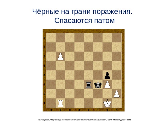 Чёрные на грани поражения.  Спасаются патом  Ю.Разуваев, Обучающая компьютерная программа «Шахматная школа», ООО «Новый диск», 2009 
