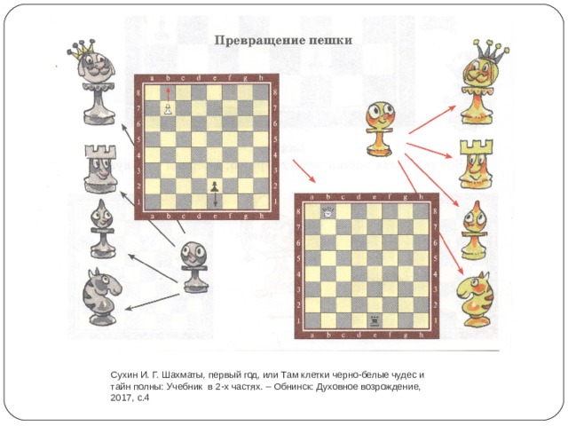 Сухин И. Г. Шахматы, первый год, или Там клетки черно-белые чудес и тайн полны: Учебник в 2-х частях. – Обнинск: Духовное возрождение, 2017, с.4 
